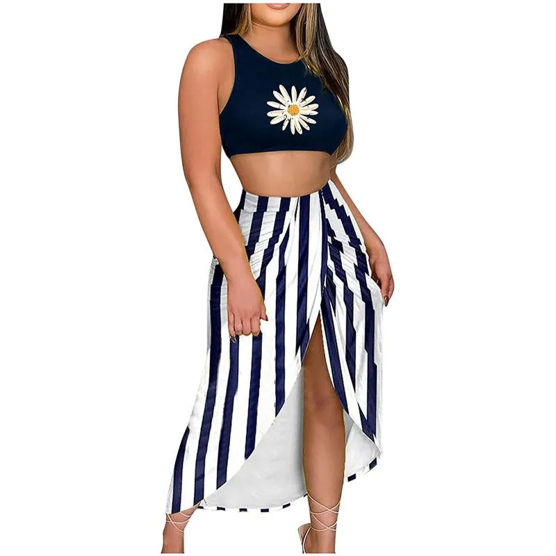 Casual Dresses Women Sleeveless Top Printing Slit Beach Long Maxi Skirt Two-piece Sets Skirts Womens 2021 Korean Fashion Bohemian