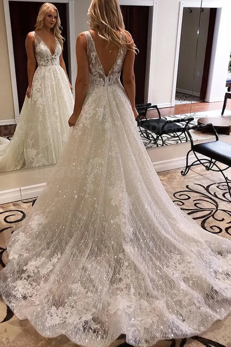 Lace Ivory Glitter Dresses Shiny Tulle Beach Bridal Dress Boho Elegant Wedding Party Gowns Open Back Long Train