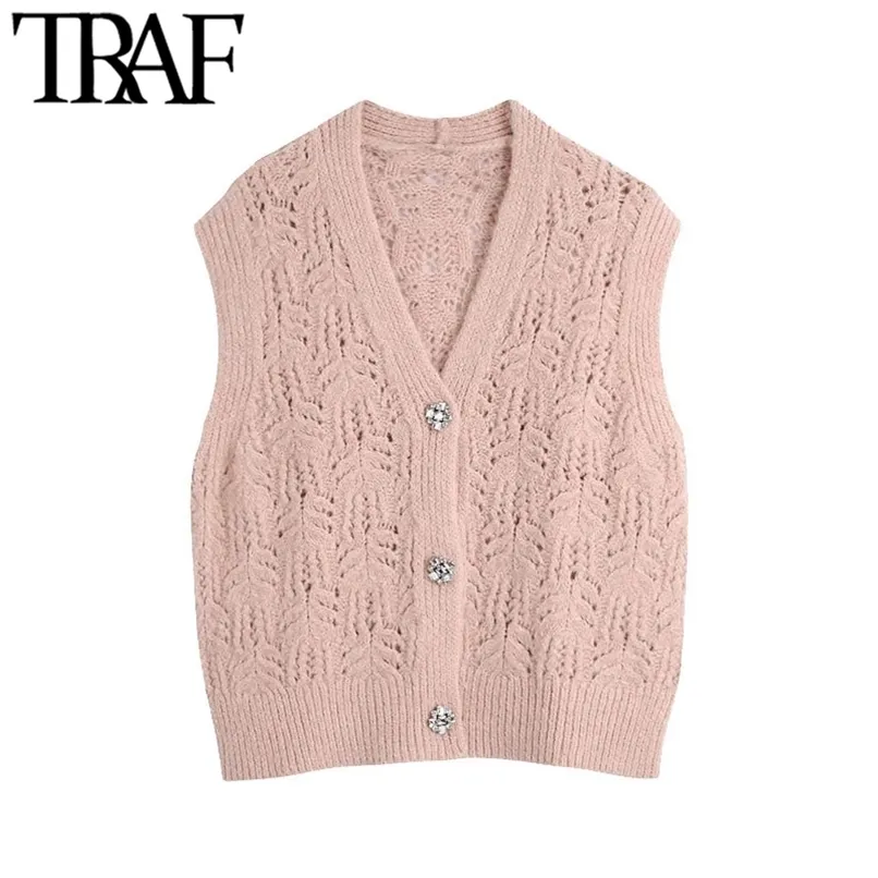 TRAF femmes douce mode avec boutons Bejeweled tricoté gilet pull Vintage sans manches femme gilet Chic hauts 210819