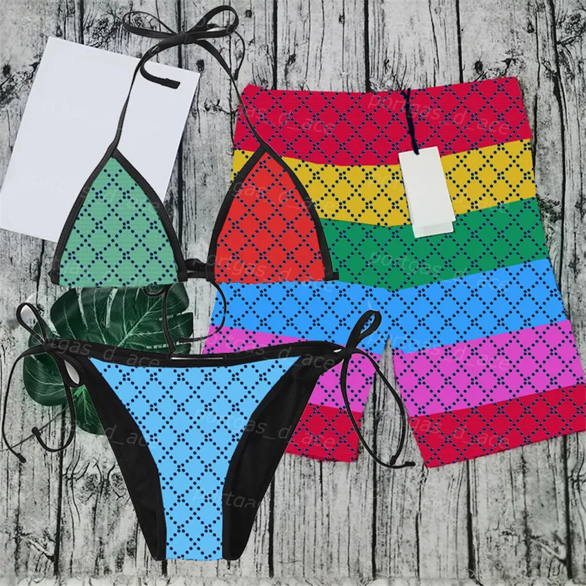 Multicolor Letters Bikinis Shorts Womens Sexy Halter Split Swimwear Mens Beach Boxers Women Beach Bra Briefs Tide Lovers Beachwear