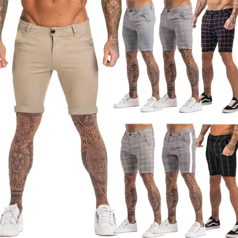 Men's Shorts Homme Summer Elastic Waist Plaid Short Skinny Fit Fashion Brand Fitness Shorts for Men Casual Stretchy Chinos 210723