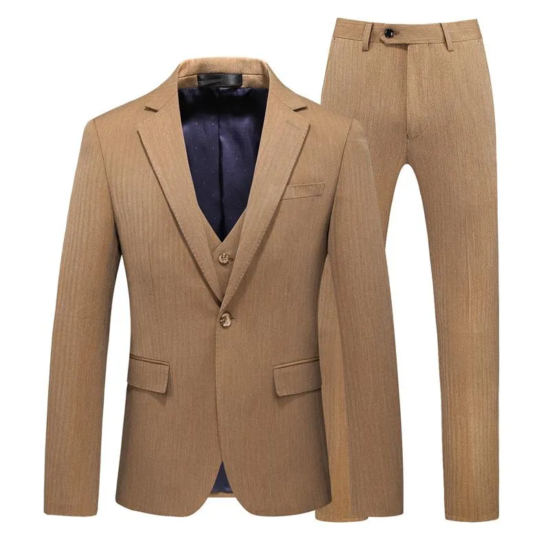 Men's Suits & Blazers 2021 Men Khaki Color Suit Jacket Trousers Waistcoat Male Business Casual Wedding Coat Vest Pants 3 Pieces Set