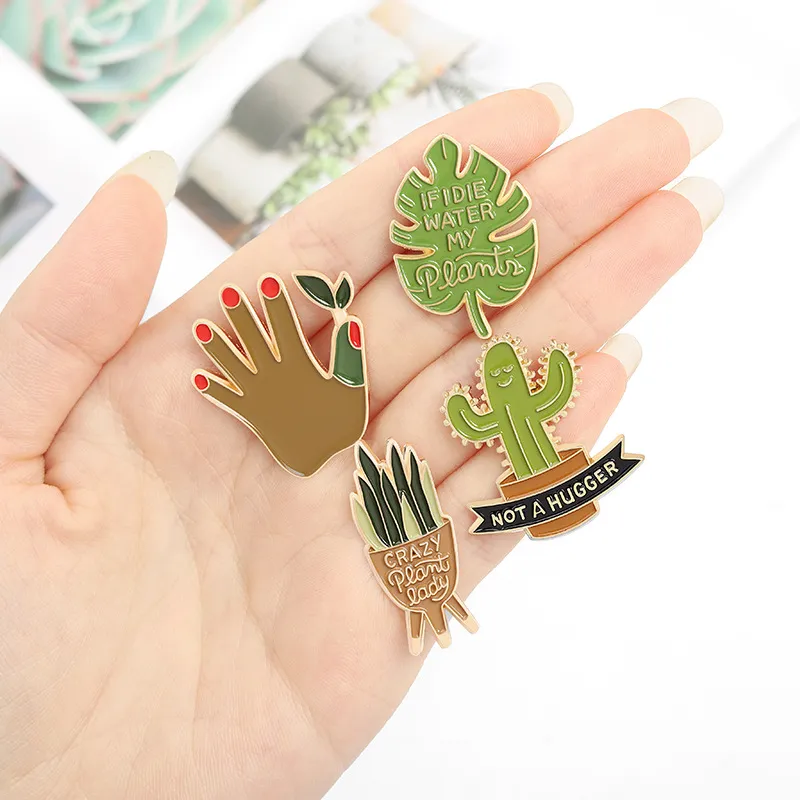 European Cartoon Potted Plant Brooches Enamel Alloy Cactus Aloe Leaf Pins For Unisex Children Clothing Cowboy Badge Accessories Wh5577354
