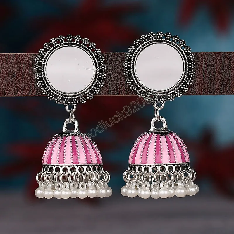 Boucles d'oreilles rétro oxydées pour femmes, en alliage de miroir rond, Jhumka exagéré, bijoux ethniques indiens