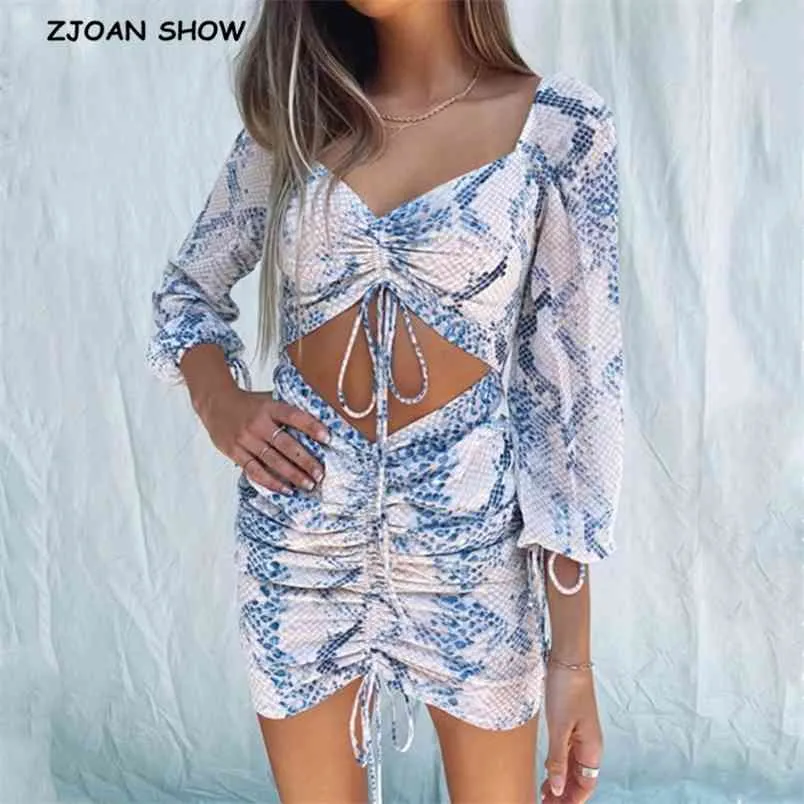 Retro Lacing Up Ruched Package hips Snake Print Long Sleeve Mini Dress Women Sexy Strappy Draped Hem Hollow Waist Dresses 210429