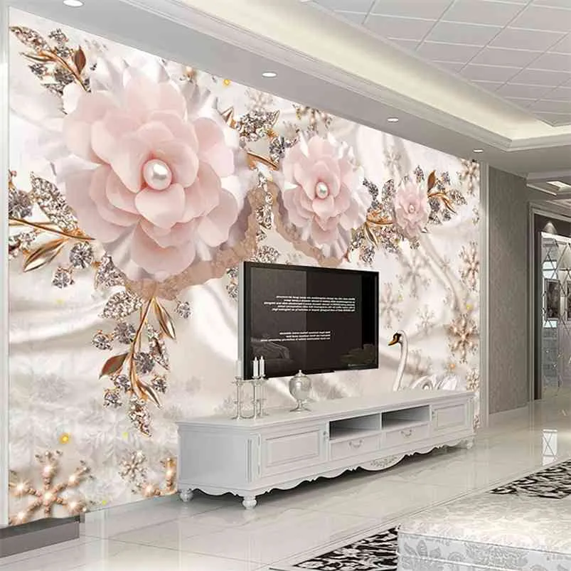 Personalizado po wallpaper 3d luxo estilo europeu cisne jóias flores sala de estar tv fundo decoração mural papel de parede 210722