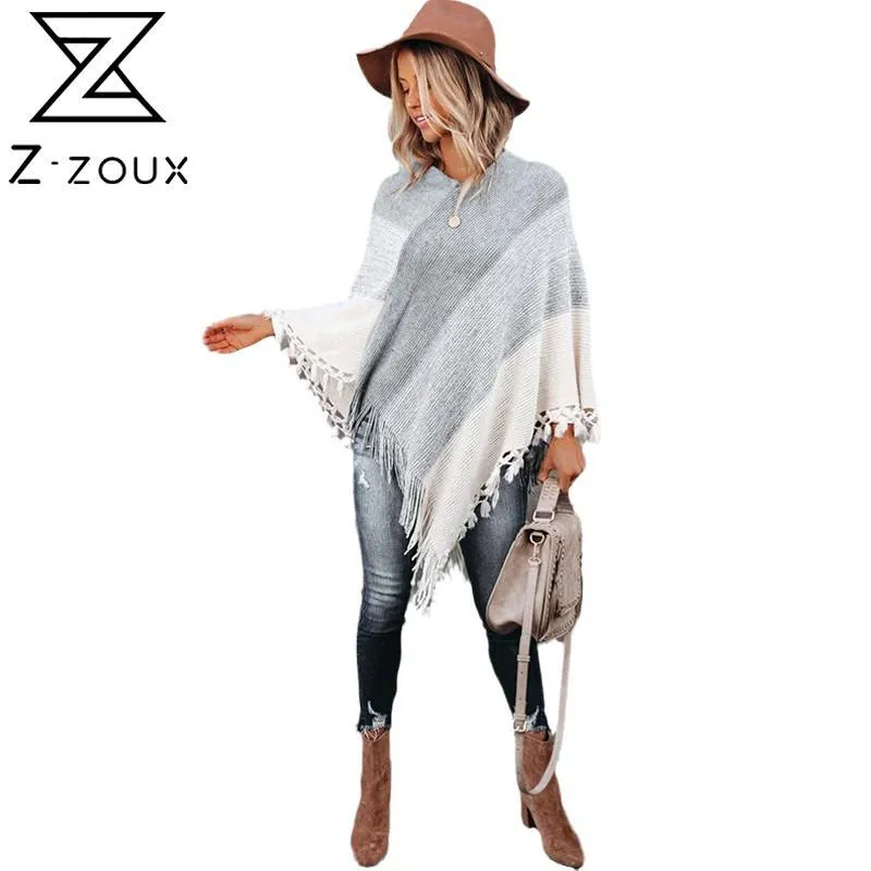 Kobiety Sweter Patchwork Tassel Dzianiny Z Długim Rękawem Loose Casual Cloak Winter Top Autumn 210524