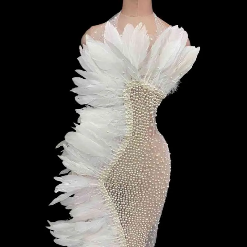 Vestido largo elegante malla plumas transparente para mujer, festa boda sexy con cuello halter y diamantes de