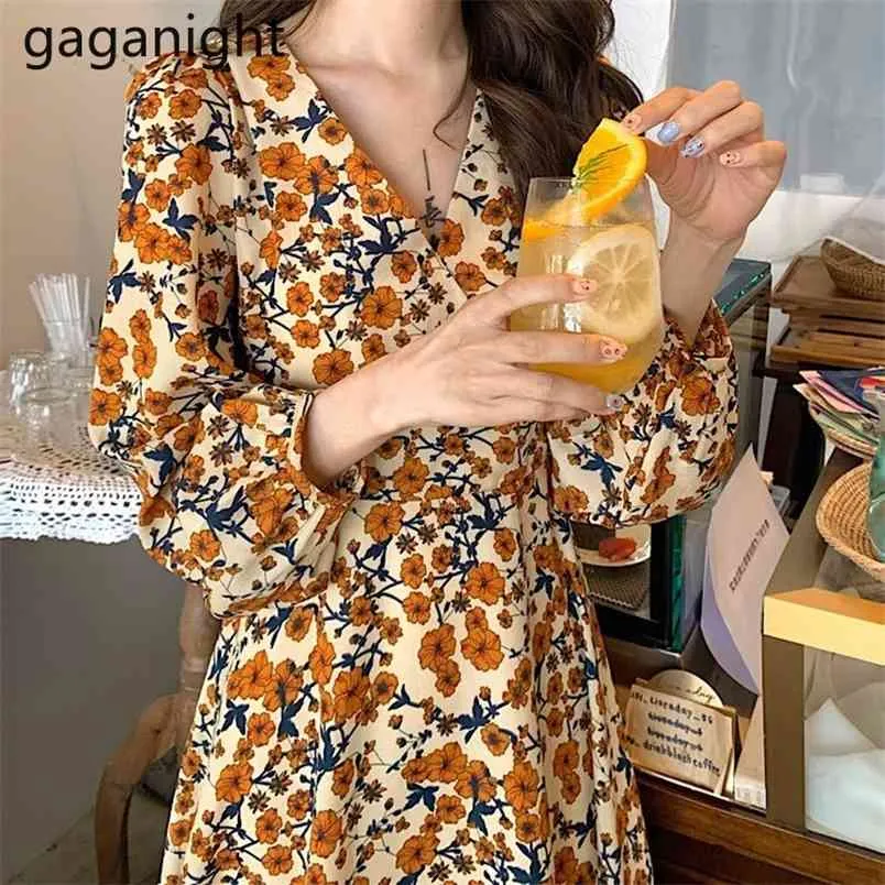 Винтажное платье среднего теленка сладостная V-вывод цветочные a-line длинная весна осень плюс размер свободный корейский мода 210601