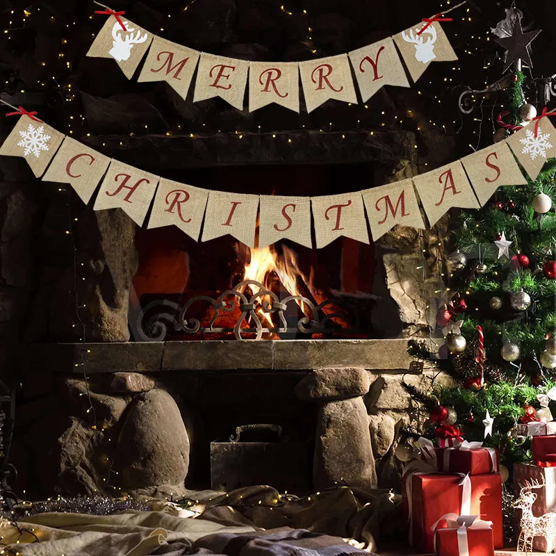 Merry Christmas Jute Banner Kerstmis Letter Paper Banners Vlaggen Xmas Decoratie voor Open haard Wall Tree levert CGY54