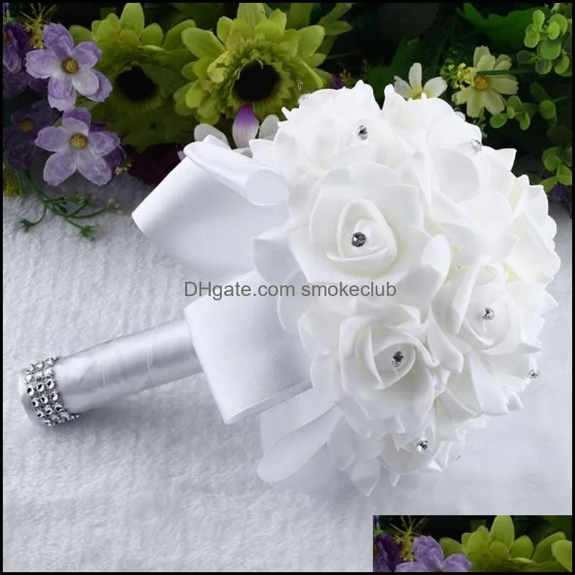 25*20cm Crystal Roses Pearl Bridesmaid Wedding Bouquet Bridal Artificial Silk Flowers Holding White Red Decorative & Wreaths