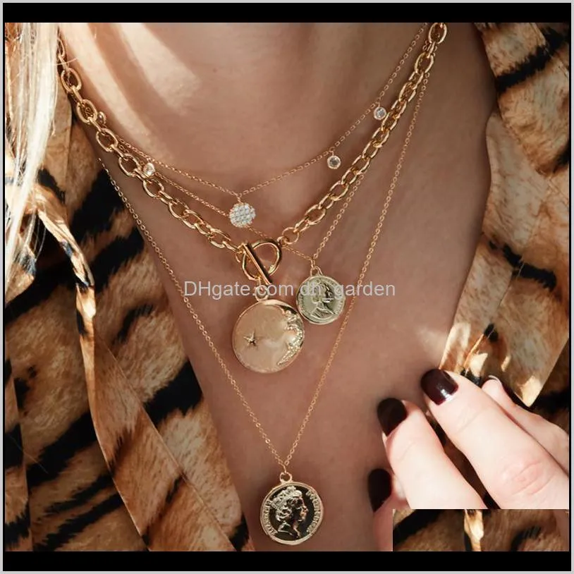 2020 New Fashion Hiphop Street Stainless steel Brass Plated 18k Gold Moon Star Coin Pendant Chunky Chain Necklaces For Women