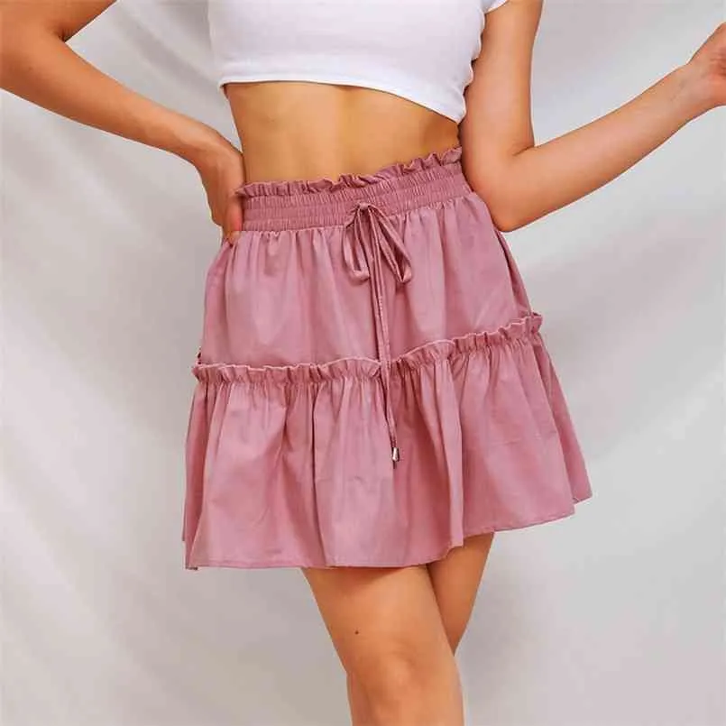 Fashion Summer A-Line beach Vintage Casual Skirt Women's Ruffles Mini drawstring sexy skirt female Cotton skirts For womens 210508