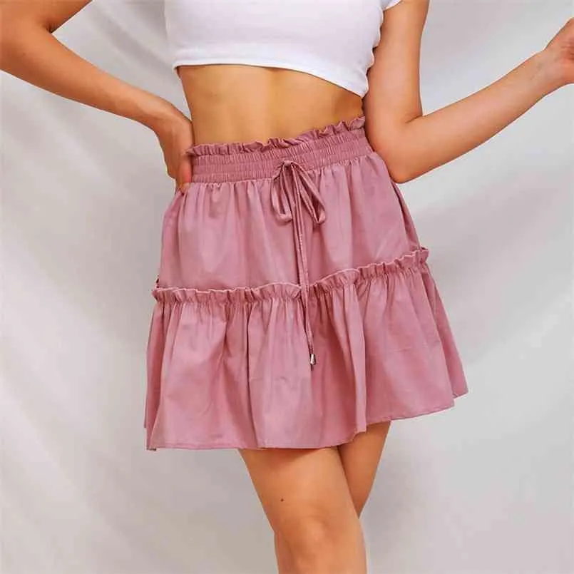 Mode Zomer A-lijn Strand Vintage Casual Rok Dames Ruches Mini Trekkoord Sexy Rok Vrouwelijke Katoenen Rokken voor Womens 210508