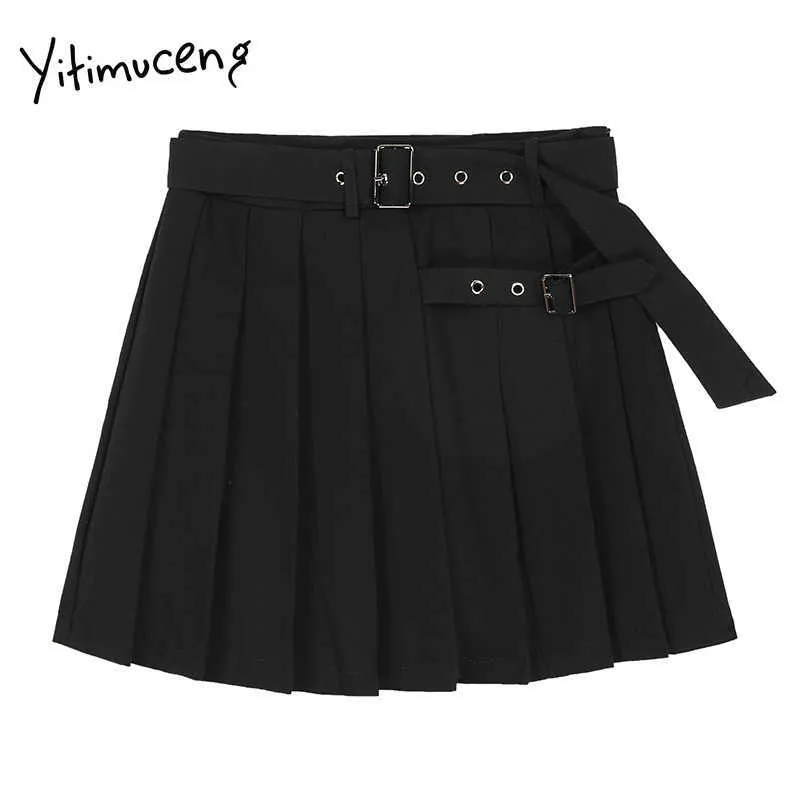 YIIMUCENG BLACKレースアップスカート女性プリーツハイウエストミニソリッドサマー韓国のプレッピースタイルファッションスカート210601