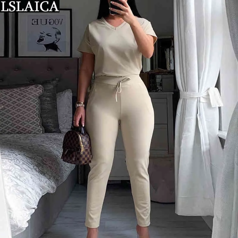 Plus Size 2 Piece Set Mulheres Manga Curta V Pescoço TopLong Calças Dois Roupas para Sólido Slim Fitness Tracksuit 210520