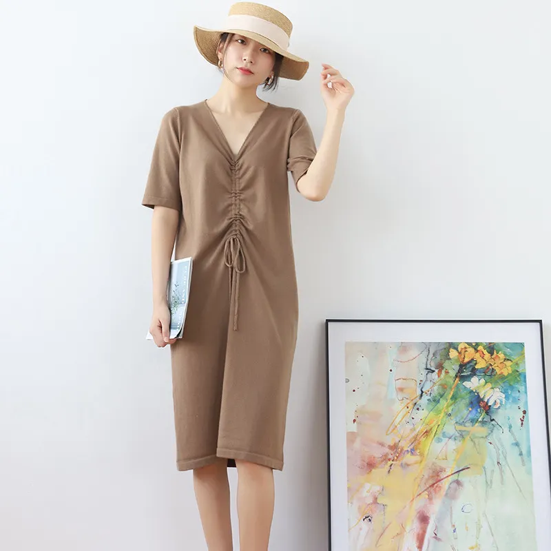 Yün Karışımı Kadınlar Sonbahar Kış V Boyun Kollu İpli Pileli Boylu İnce Örme Elbise Kadın Moda 210520