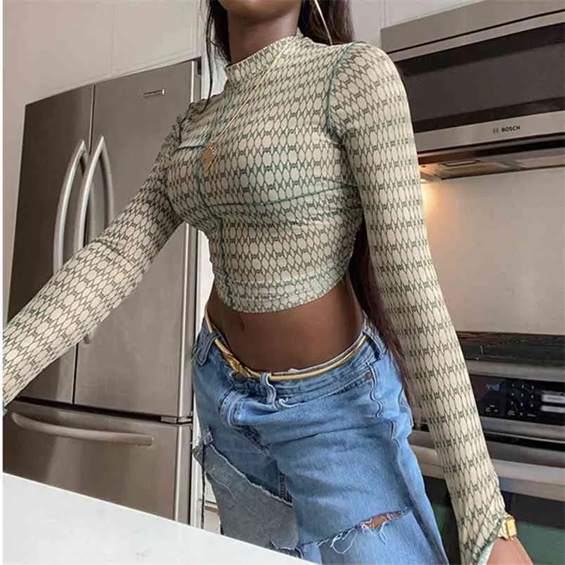 Automne Hiver Style Streetwear T-shirt Stringy Selvedge Mesh Sheer Grille Impression À Manches Longues O-cou Mode Basic Crop Top 210517