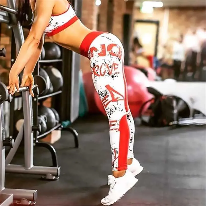 Wysoka talia Czerwone legginsy dla damskie fitness seksowny list drukowany siłownia sport trening pchnięcie kobiece legginsy 211204