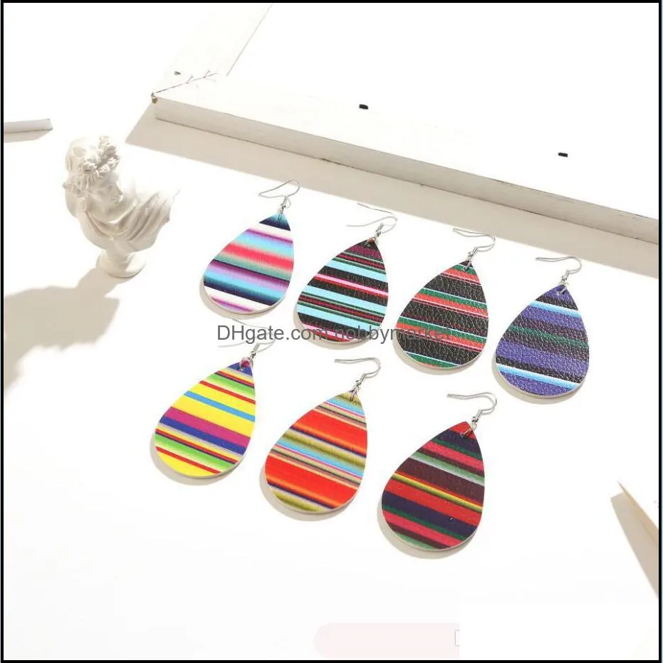 New Design Rainbow Stripe PU Leather Earrings Waterdrop Leather Eardrop Bohemia Dangle Drop Earrings Gifts For Women Jewelry