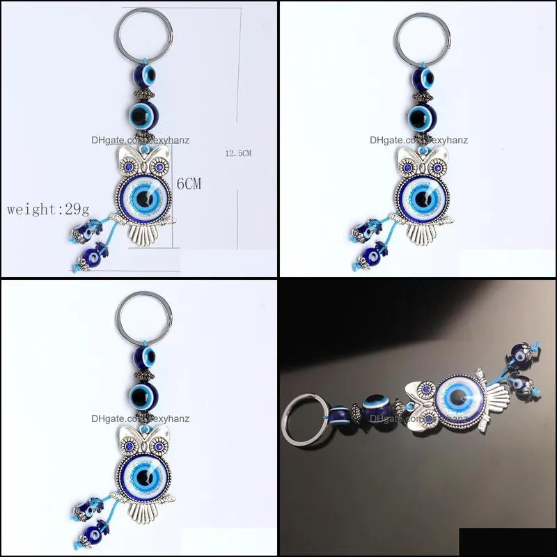 S2301 Fashion Jewelry Turkish Symbol Evil Eye Key Ring Handmade Vintage Owl Keychain