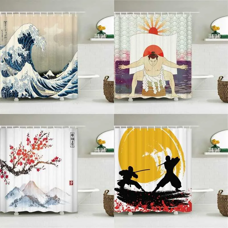 Wasserdichter Polyestergewebe Duschvorhang Japanische Wellen Samurai Landschaft 3D Druck Bad Dekor Duschvorhänge 211116