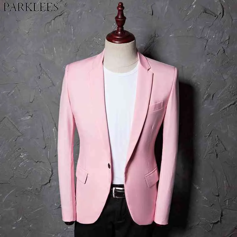 Różowy Slim Fit Casual Blazer Jacket Mężczyźni One Button Ząbkowany Lapel Męskie Kurtki Party Wakacje Wedding Blazer Hombre 210522