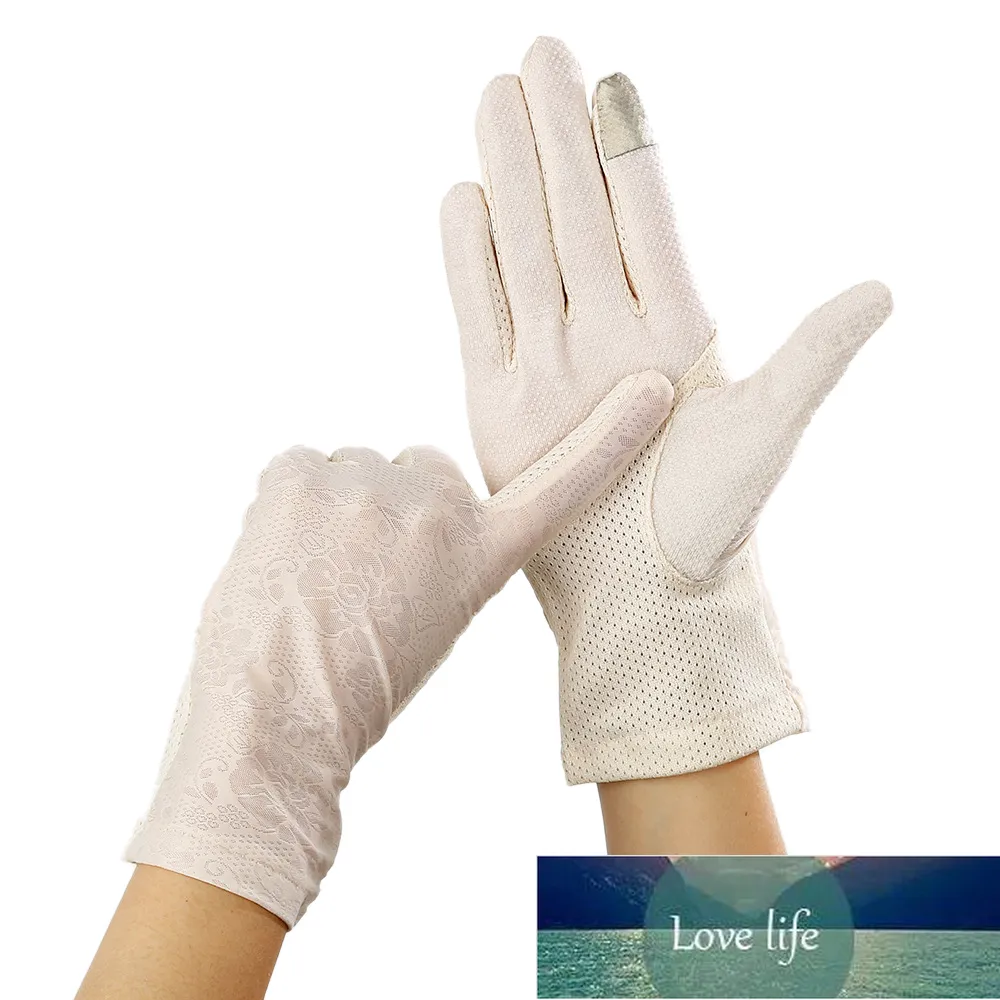 Kvinnor Sommar Solskydd Lacework Outdoor Ice Silk Andas Finger Driving Gloves Spot Non-Slip Touch Screen Ladies Gloves