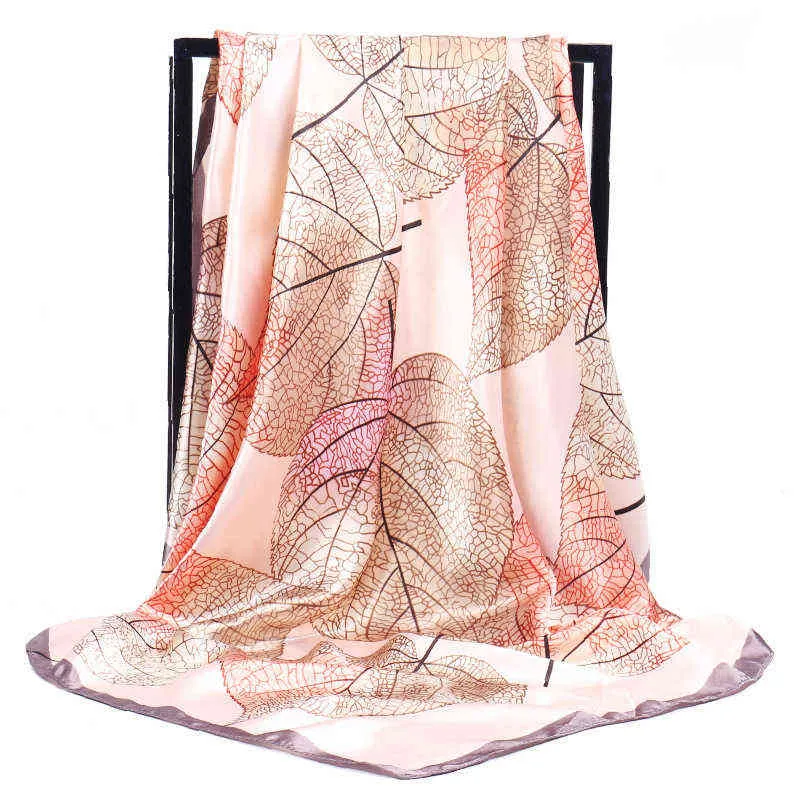 2020 Fashion Leaf Silk Scarf for Women Foulard Soft Satin Shawl Leopard Print Hair Neck 90*90cm Square Neckerchief Scarves Hijab Y1108