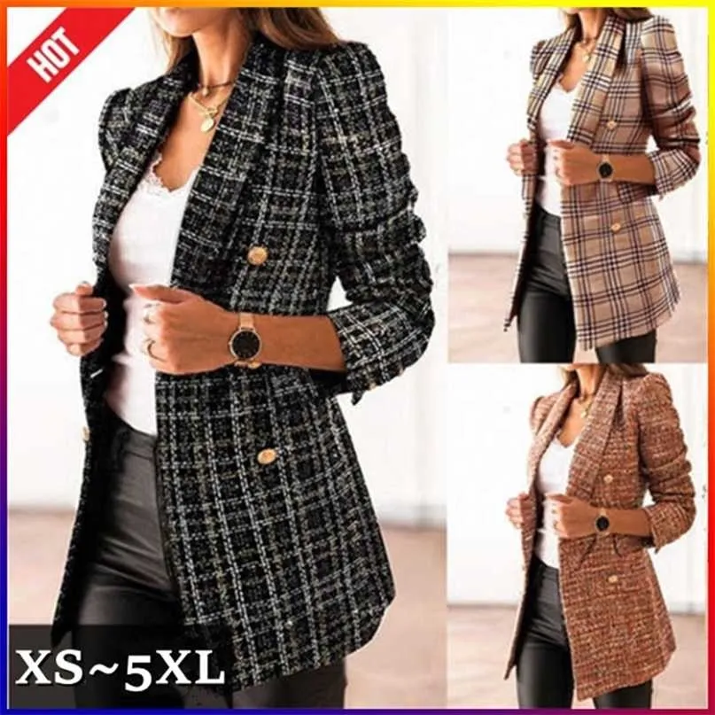 TBYL Kadınlar Moda Tüvit Kruvaze Blazer Ceket Vintage Çentikli Yaka Uzun Kollu Flap Cepler Kadın Giyim Şık Veste 211122