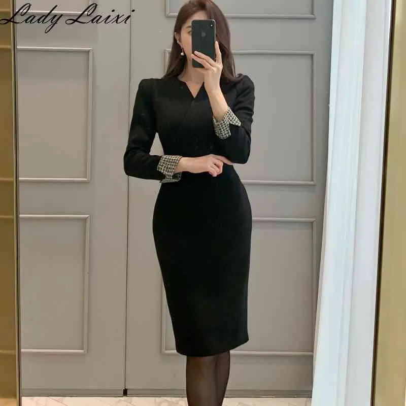 Elegant patchwork color office dress women long sleeve casual Autumn ladies  slim bodycon pencil from Dhgate Basic & Casual Dresses - price 52.07