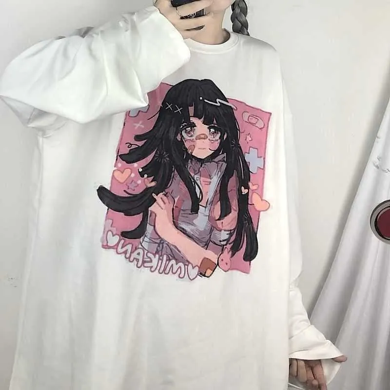 漫画プリントゴスTシャツプレッピー長袖秋女性トップス韓国風Tシャツパンクティー2020新しいファッションT SHRT Y0621