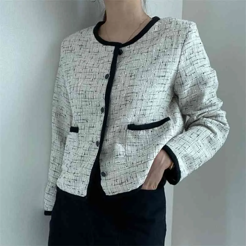 Automne Hiver Femmes Vintage Tissé Plaid Tweed Veste Manteau Bouton Simple Poitrine Silm Office Lady Poches Laine Survêtement 210514