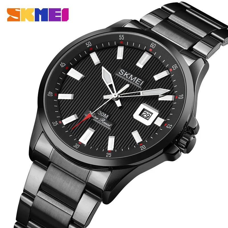 Skmei Luxuryエレガントなクォーツメンズ時計輝いダイヤル日付メンズ腕時計ステンレススチールストラップ男性腕時計モントトホム1654 Q0524