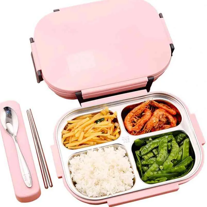 Caja de almuerzo de acero inoxidable Bento ecológico con bolsas y vajilla Contenedor de almacenamiento de alimentos térmicos Estudiantes adultos 210423