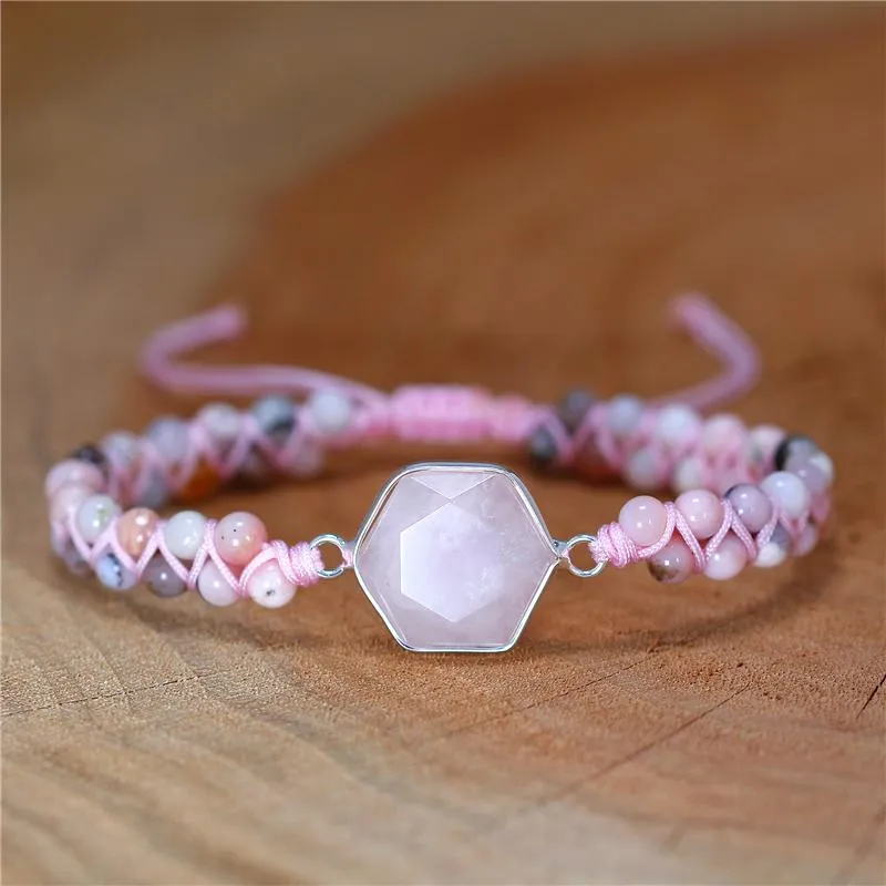 Charm Bracelets Gild Hexagon Rose Quartz Cham Pink Opal Beads Braided Bracelet Gemstone Boho Girl Jewelry Gift For Her Drop