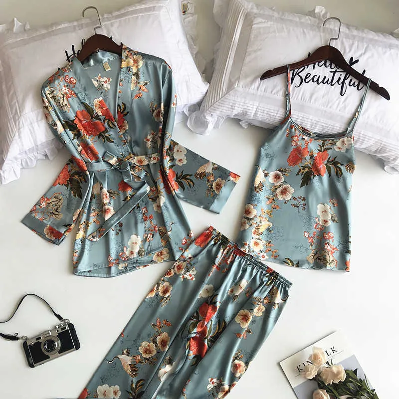 SAPJON 3 PCS Women Pajamas Sets with Pants Sexy Pyjama Satin Flower Print Nightwear Silk Negligee Sleepwear Pyjama Q0706