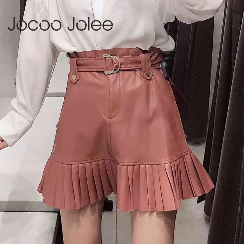 Chic PU Leather Mini Skirt with Belt Women High Waist Pleated s Fashion All-match s Korean Sweet Faux 210428