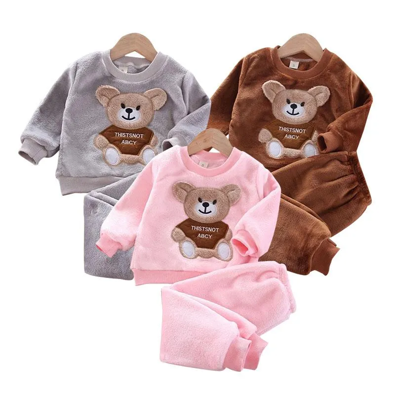 Zestawy odzieży moda niemowlę zimowy flanel ciepły garnitur swobodny dziewczęcy ubrania kreskówkowe spodnie sweter 2pcs chłopcy piżamowi