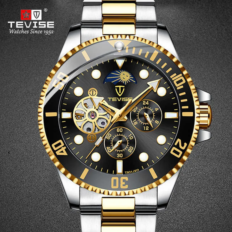 TEVISE Brand Watch Automatic Mechanical Male Analog Business Wrist Watch Waterproof Luminous Moon Phase Design Men 's Watch Q0902