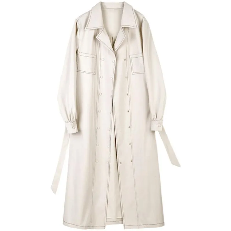 Femmes Trench Coats Femmes Beige Ceinture Double Boutonnage À Manches Longues Revers Lâche Coupe-Vent Mode Printemps Automne Nice D8