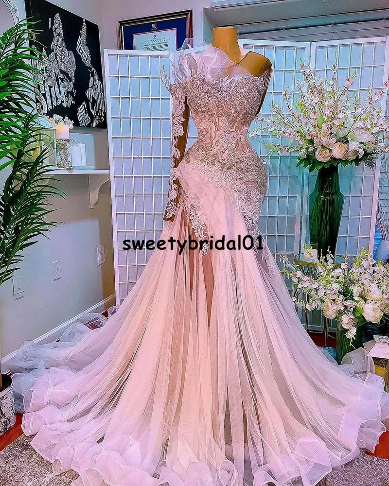 Sparkly Beaded African Women Prom Dresses Long Sleeves Pink Ruffles Formal Evening Occasion Gowns Robe De Novia