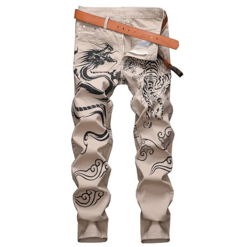 Herr Khaki Dragon Tiger Tryckt Jeans Fashion Slim Fit Rak Male Byxor