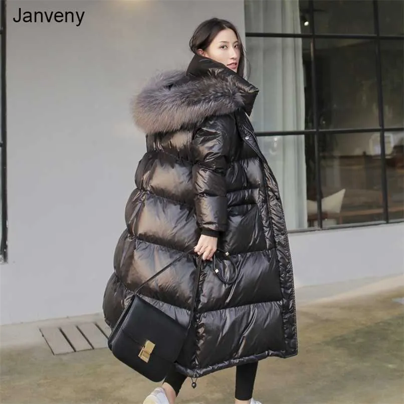 Janveny Long Downジャケットの女性冬の黒い緩いリアルアライグマの毛皮のフード付きファッション防水女性のアヒルダウン・フグコート211108