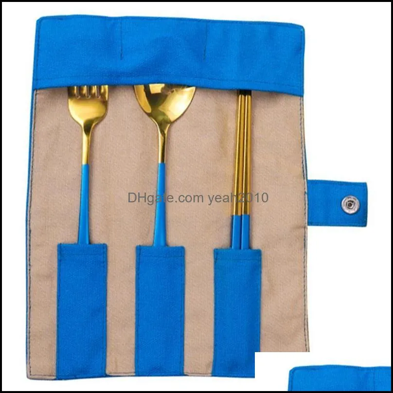 Chopsticks 3PCS Set Dinnerware Portable Stainless Steel Spoon Fork Travel Cutlery Tableware With Bag