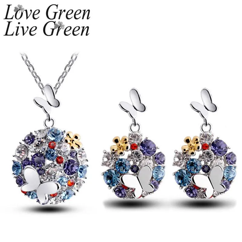 Earrings & Necklace Rhinestones Butterfly Crystal Jewelry Sets Colorful Flying Insect And Earring Round Pendant Luxuri Woman Gift Set