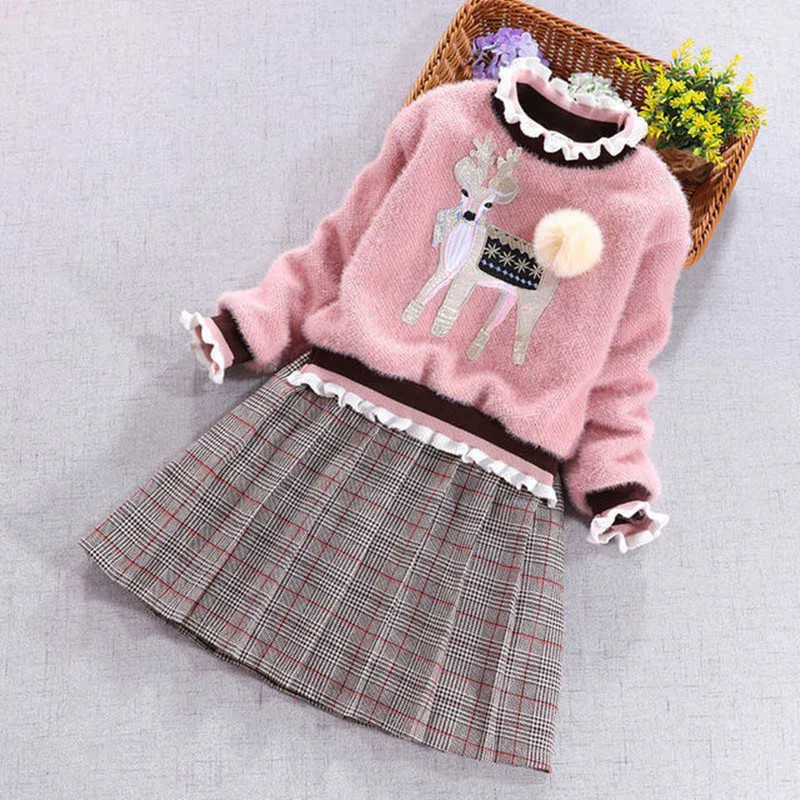 Enfants Filles Vêtements de Noël 2 pièces Ensemble Pull en cachemire de vison rose et robe à carreaux épais patchwork pour les grandes filles 210713