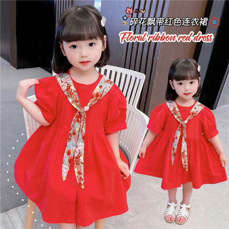 Meisjes jurk zomer mode party prinses rode stropdas kinderkleding korte rok leuke warme stijl kinderen meisjes jurk groothandel q0716