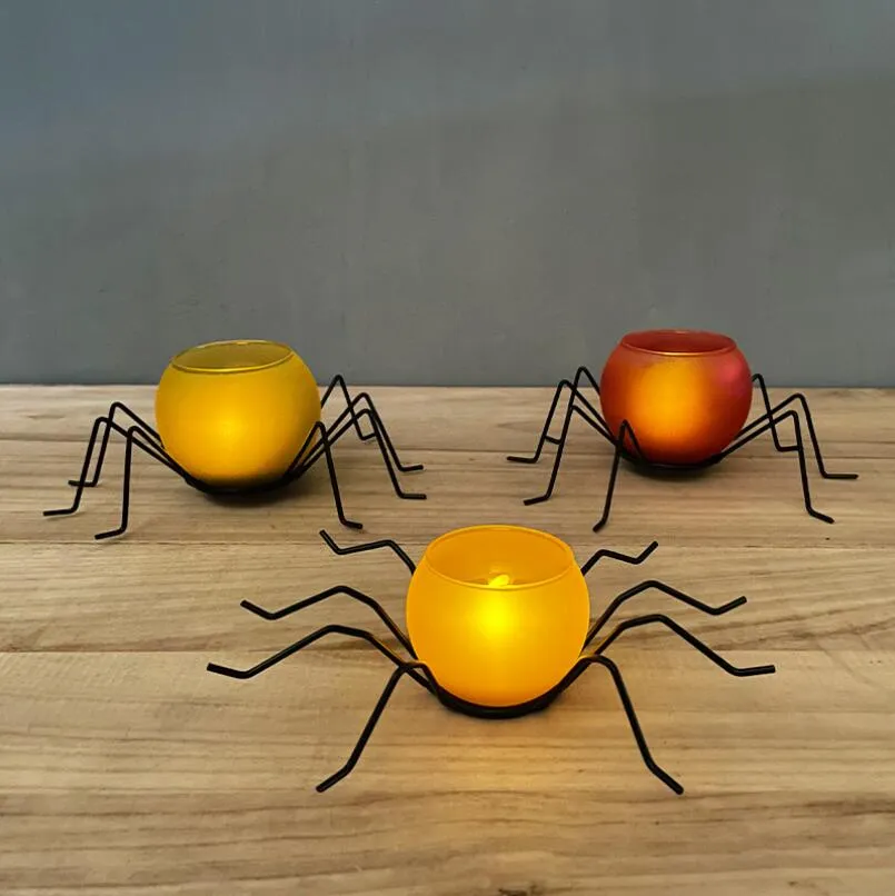 Creative Halloween Wrought Iron Spider Candle Holders Glass Candelabra Home Decoration Lights