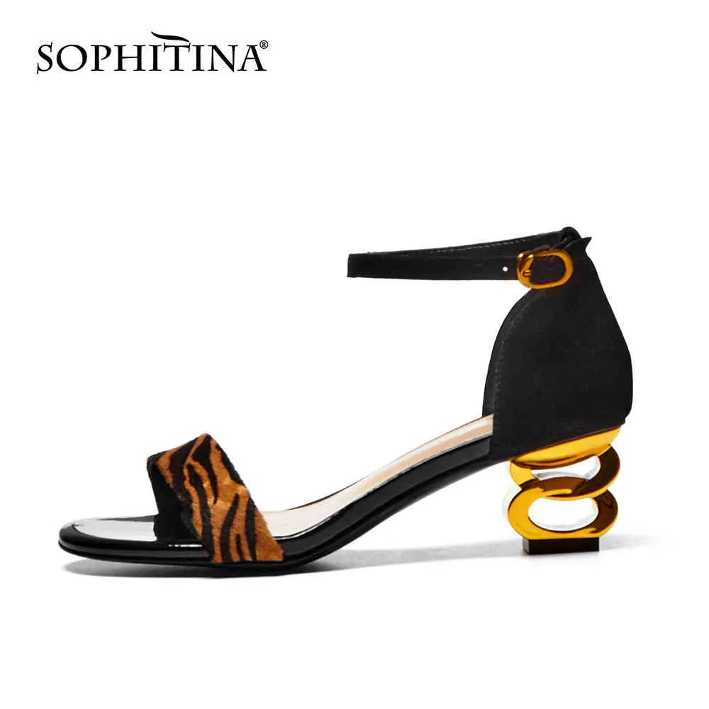 Sophitina женские сандалии Sexy LeaOpard замшевые круглые носки уникальные выдолбления среднего пятки с лодыжными ремешками дамы слайд обувь PO692 210513